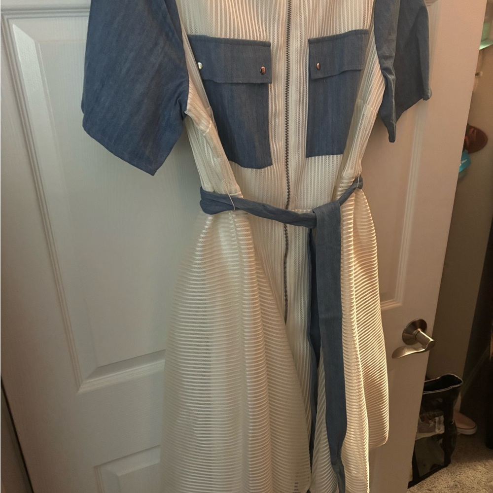 Ashley Stewart A-Line Sleeveless Dress Blue and White